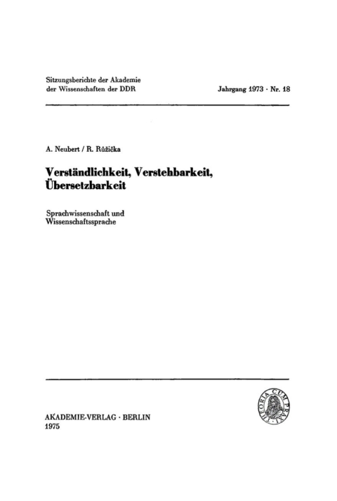 Cover image for book Verständlichkeit, Verstehbarkeit, Übersetzbarkeit