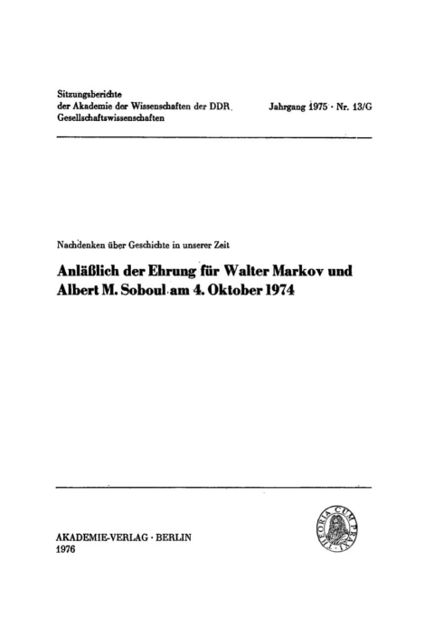 Cover image for book Anläßlich der Ehrung für Walter Markov und Albert M. Soboul am 4. Oktober 1974