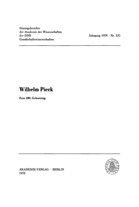 Cover image for book Wilhelm Pieck. Zum 100. Geburtstag