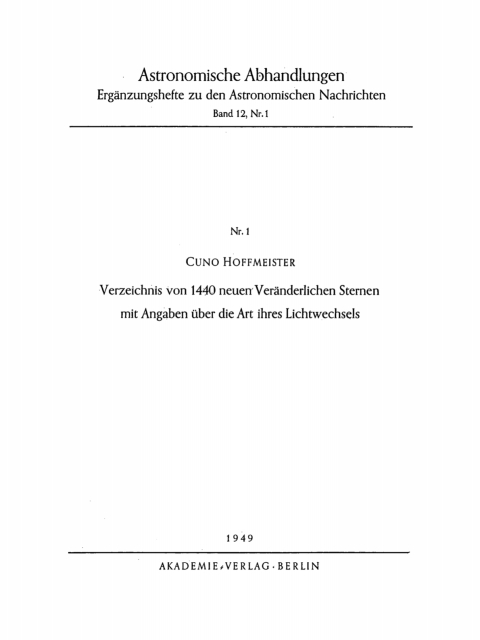 Cover image for book Verzeichnis von 1440 neuen Veränderlichen Sternen mit Angaben über die Art ihres Lichtwechsels