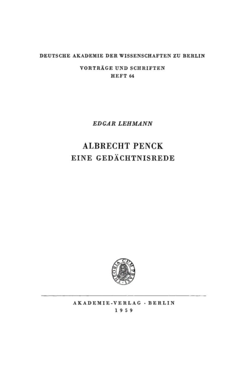 Cover image for book Albrecht Penck, eine Gedächtnisrede