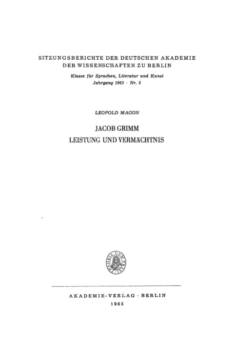 Cover image for book Jacob Grimm, Leistung und Vermächtnis