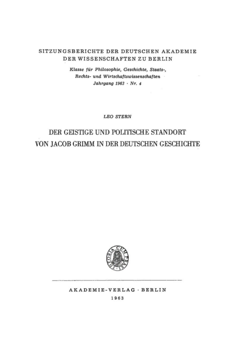 Cover image for book Der geistige und politische Standort von Jacob Grimm in der deutschen Geschichte