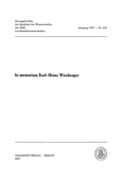 Cover image for book In memoriam Karl-Heinz Wirzberger