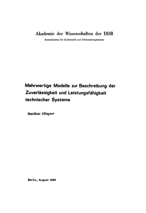Cover image for book Mehrwertige Modelle zur Beschreibung der Zuverlässigkeit und Leistungsfähigkeit technischer Systeme
