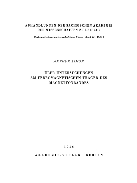 Cover image for book Über Untersuchungen am ferromagnetischen Träger des Magnettonbandes