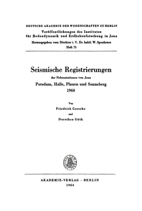 Cover image for book Seismische Registrierungen der Nebenstationen von Jena