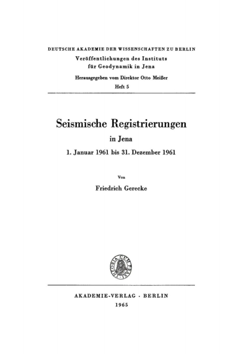 Cover image for book Seismische Registrierungen in Jena 1. Januar 1961 bis 31. Dezember 1961