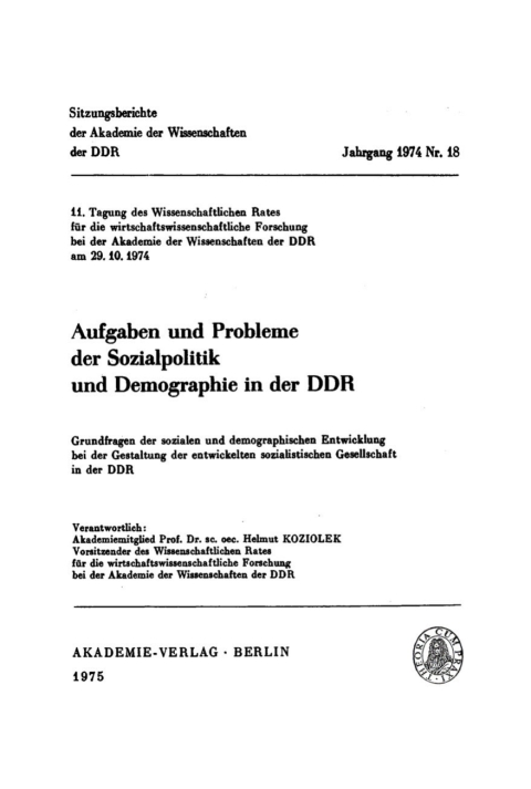 Cover image for book Aufgaben und Probleme der Sozialpolitik und Demographie in der DDR