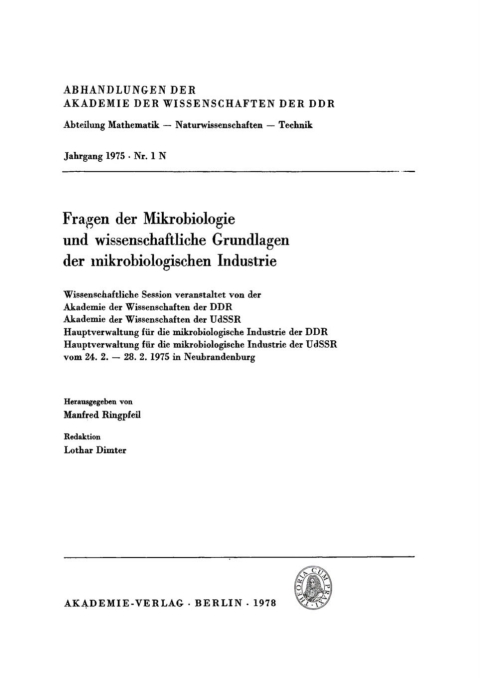 Cover image for book Fragen der Mikrobiologie und wissenschaftliche Grundlagen der mikrobiologischen Industrie