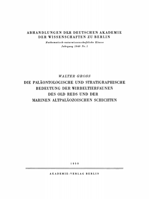 Cover image for book Die paläontologische und stratigraphische Bedeutung der Wirbeltierfaunen des Old Reds und der marinen altpaläozoischen Schichten