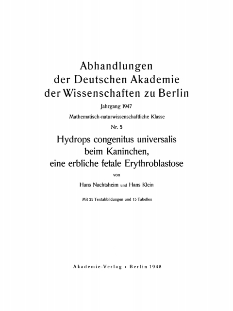 Cover image for book Hydrops congenitus universalis beim Kaninchen, eine erbliche fetale Erythroblastose