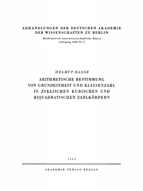 Cover image for book Arithmetische Bestimmung von Grundeinheit und Klassenzahl in zyklischen kubischen und biquadratischen Zahlkörpern