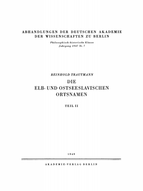 Cover image for book Reinhold Trautmann: Die elb- und ostseeslavischen Ortsnamen. Teil 2