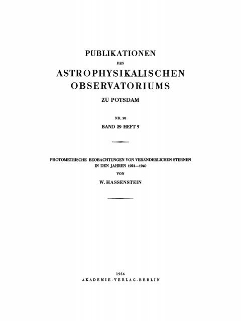 Cover image for book Photometrische Beobachtungen von veränderlichen Sternen in den Jahren 1921–1940