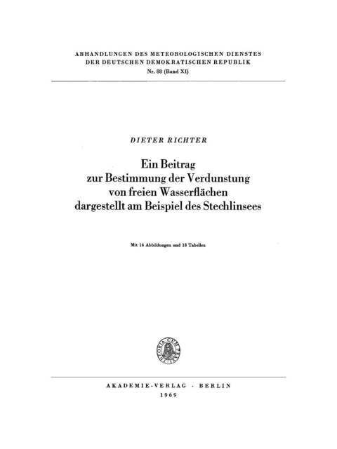 Cover image for book Eın Beitrag zur Bestimmung der Verdunstung von freien Wasserflächen dargestellt am Beispiel des Stechlinsees