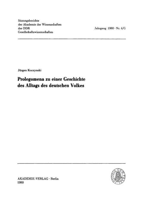 Cover image for book Prolegomena zu einer Geschichte des Alltags des deutschen Volkes