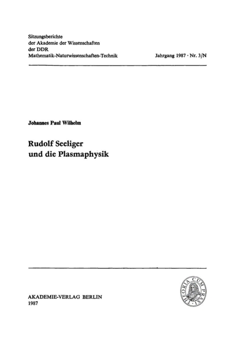 Cover image for book Rudolf Seeliger und die Plasmaphysik