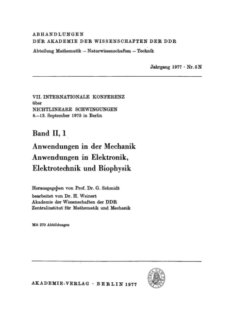 Cover image for book VII. Internationale Konferenz über Nichtlineare Schwingungen, 8.–13. September 1975 in Berlin