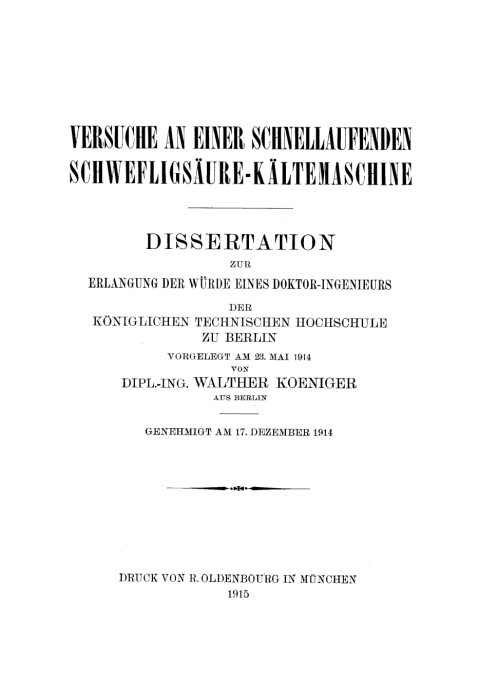 Cover image for book Versuche an einer schnellaufenden Schwefligsäure-Kältemaschine