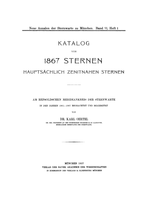 Cover image for book Katalog von 1867 Sternen, hauptsächlich zenitnahen Sternen