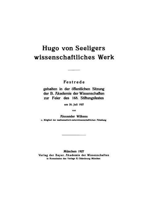 Cover image for book Hugo von Seeligers wissenschaftliches Werk