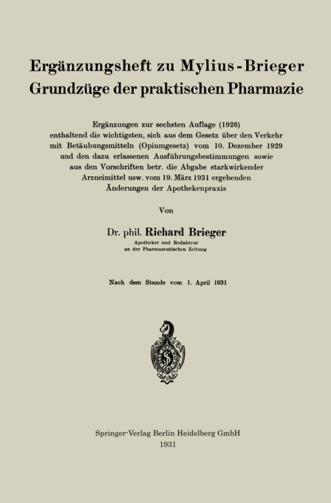 Cover image for book Ergänzungsheft zu Mylius-Brieger Grundzüge der praktischen Pharmazie