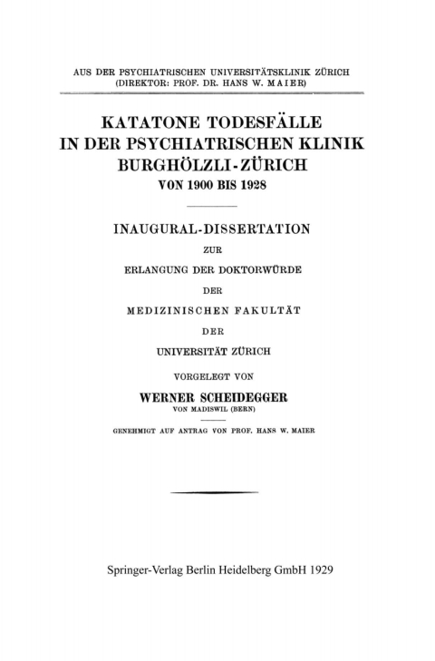 Cover image for book Katatone Todesfälle in der Psychiatrischen Klinik Burghölzli-Zürich Von 1900 Bis 1928